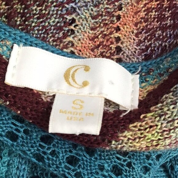 Teal Open Knit Sleeveless SmLong Cardigan With Fringe Hem & Geometric Back Panel - Picture 10 of 12